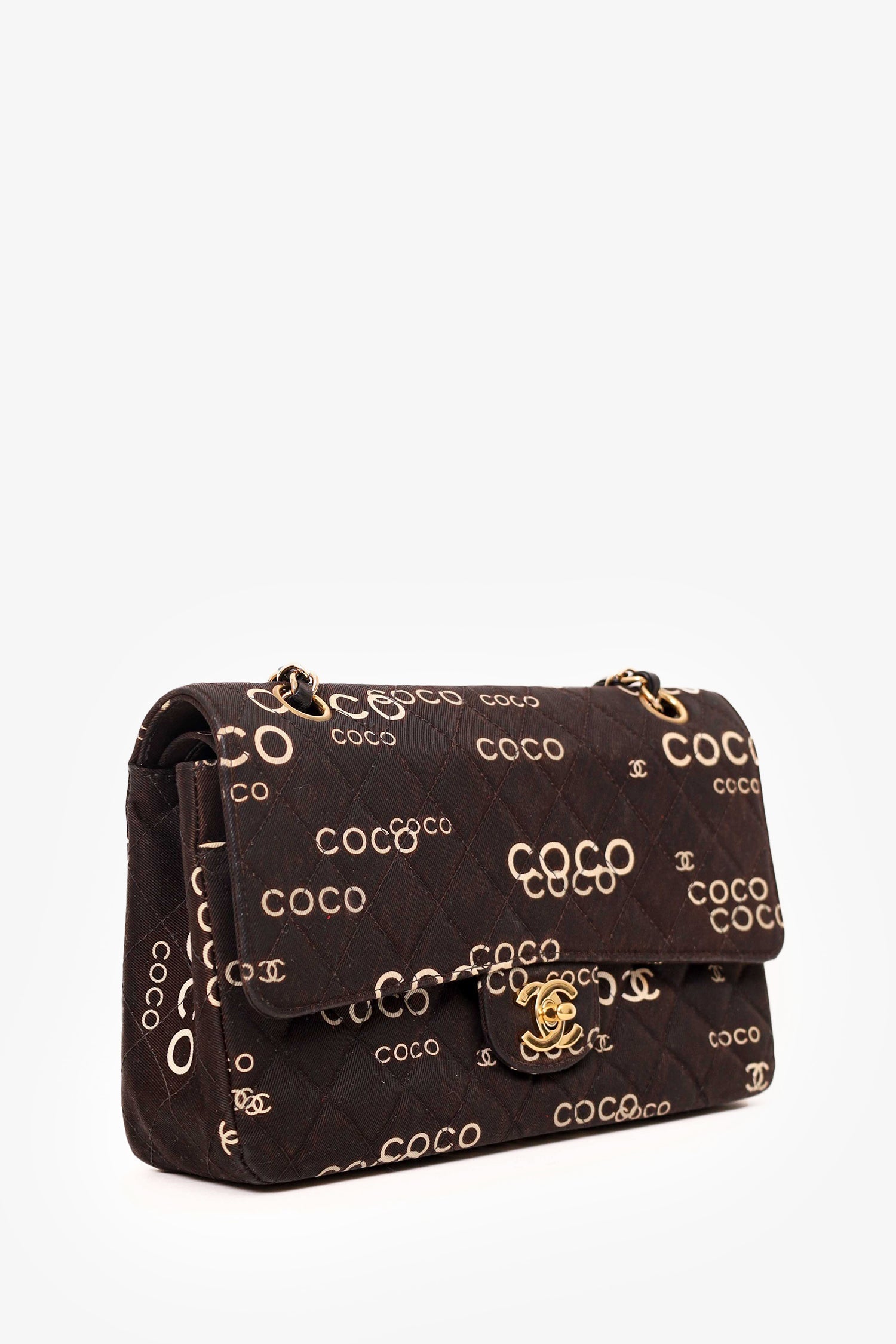 Chanel™ 2002-03 Black/White Quilted Coco Print Medium Double Flap Bag