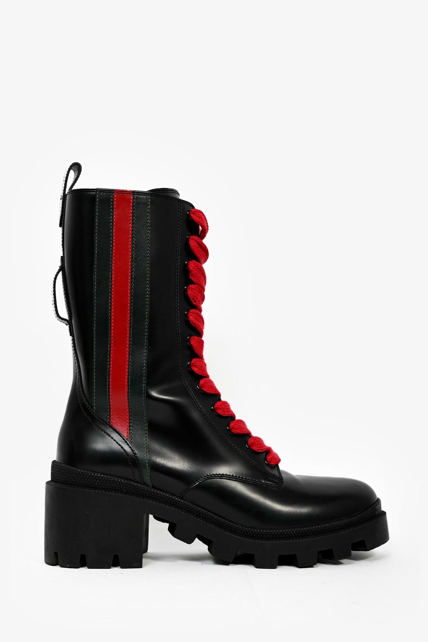 Gucci Black Leather Web Striped Heeled Combat Boots Size 38