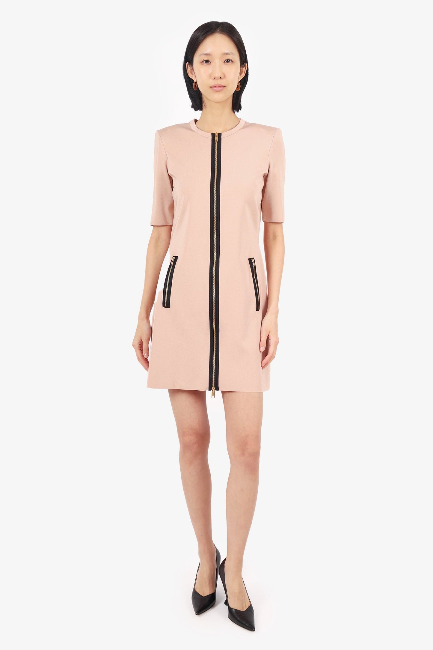 Gucci Blush Pink/Black Knit Front Zip Short Sleeve Mini Dress Size Large