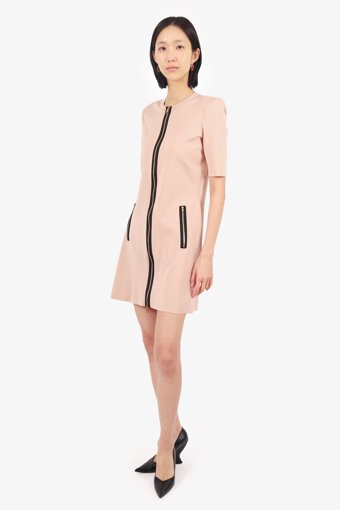 Gucci Blush Pink/Black Knit Front Zip Short Sleeve Mini Dress Size Large