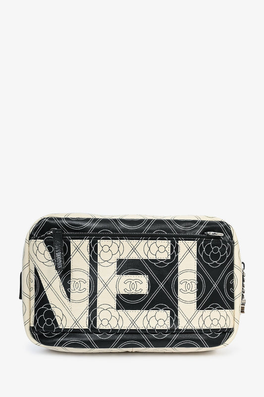 Chanel™ 2017/18 Black/White Coated Canvas Camellia Logo Camera Bag with Strap