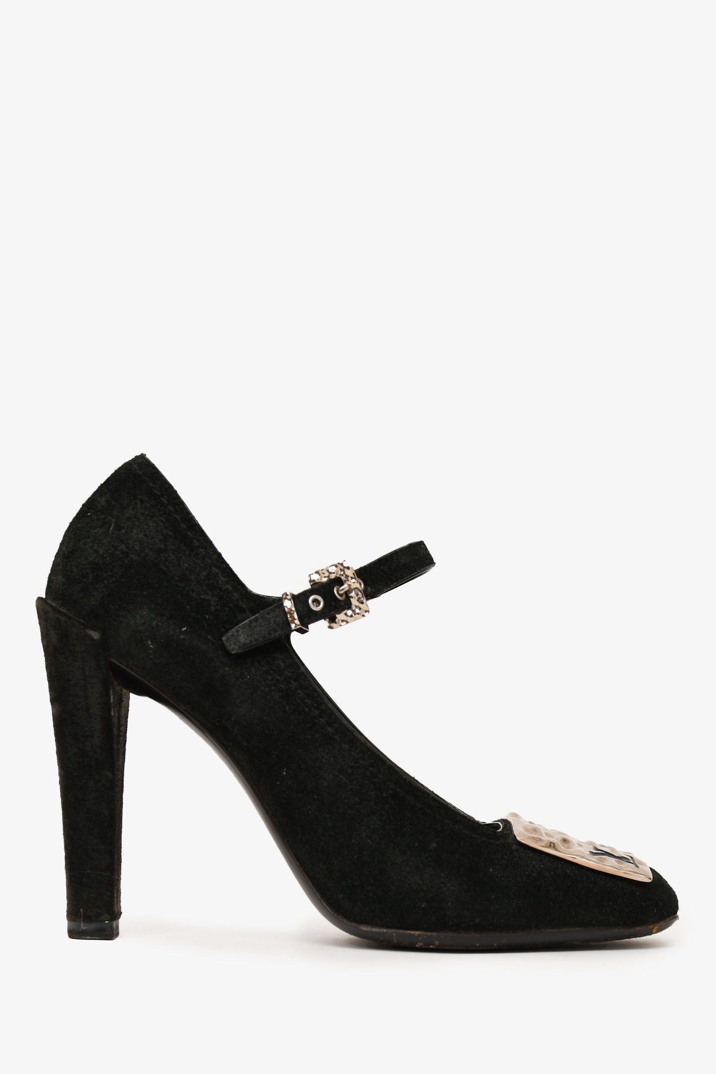 Louis Vuitton Black Suede Leather LV Plaque Mary Jane Heels Size 37 (As Is)