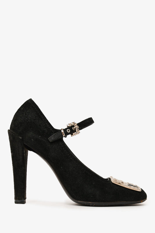 Louis Vuitton Black Suede Leather LV Plaque Mary Jane Heels Size 37 (As Is)