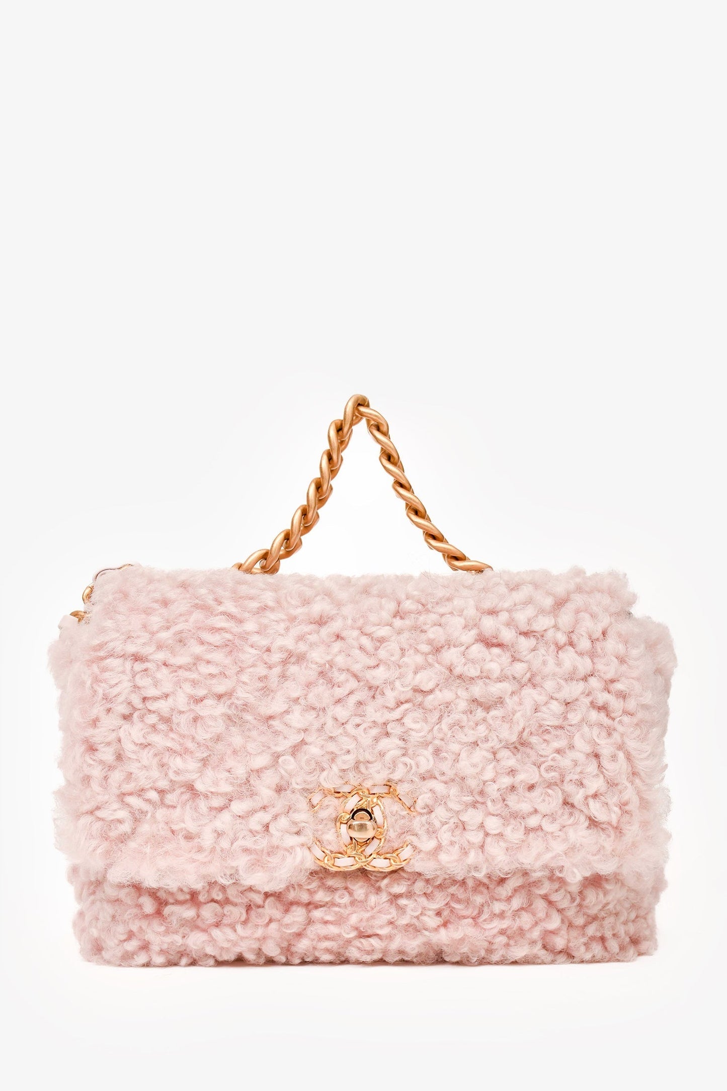 Chanel™ 2021 Pink Shearling 'Chanel 19' Medium Flap Shoulder Bag