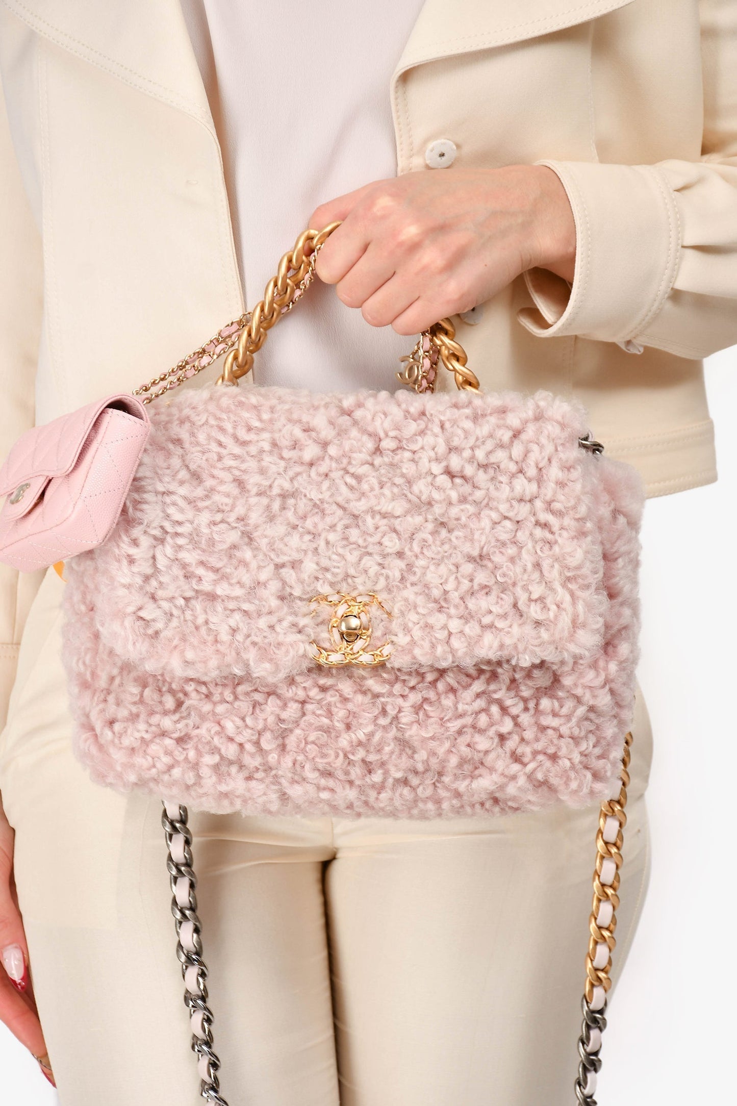 Chanel™ 2021 Pink Shearling 'Chanel 19' Medium Flap Shoulder Bag