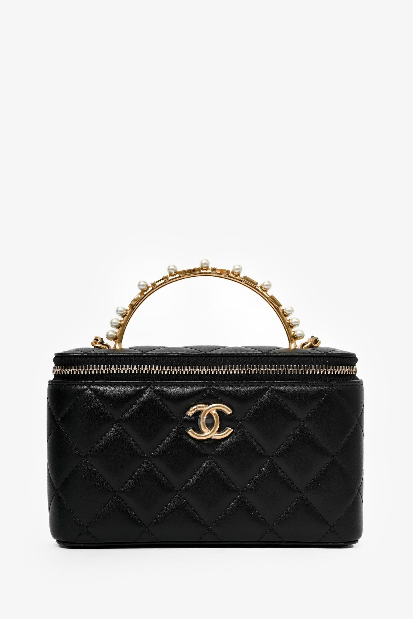 Chanel™ 2023 Black Lambskin Pearl CC Vanity Top Handle Handbag