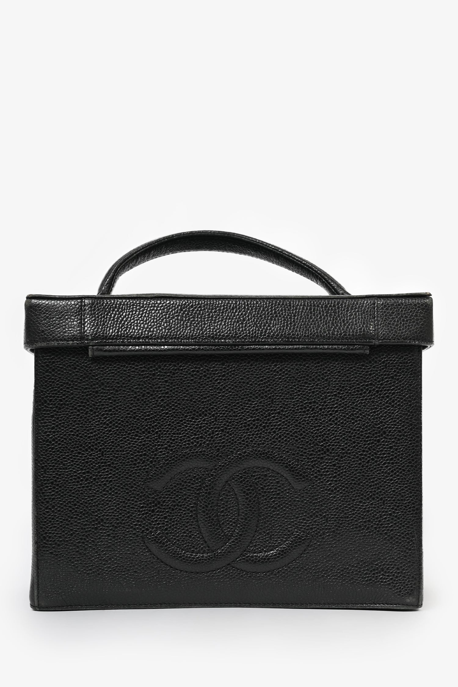 Chanel™ 1991-94 Black Caviar Leather CC Box Vanity Makeup Case with Chain Strap (As Is) Handbag
