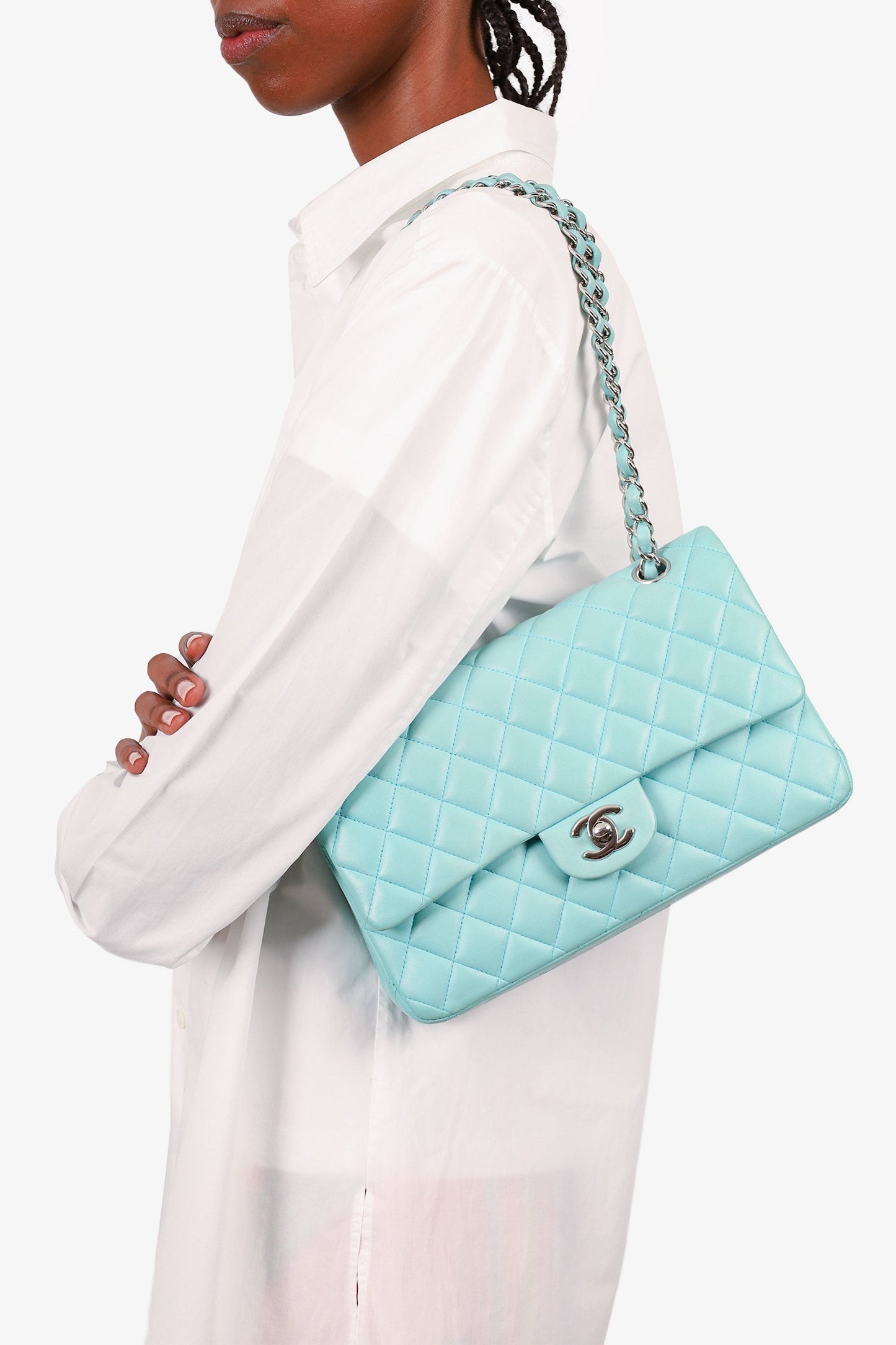Chanel™ 2019 Turquoise Leather Quilted Double Flap (As Is) Shoulder Bag