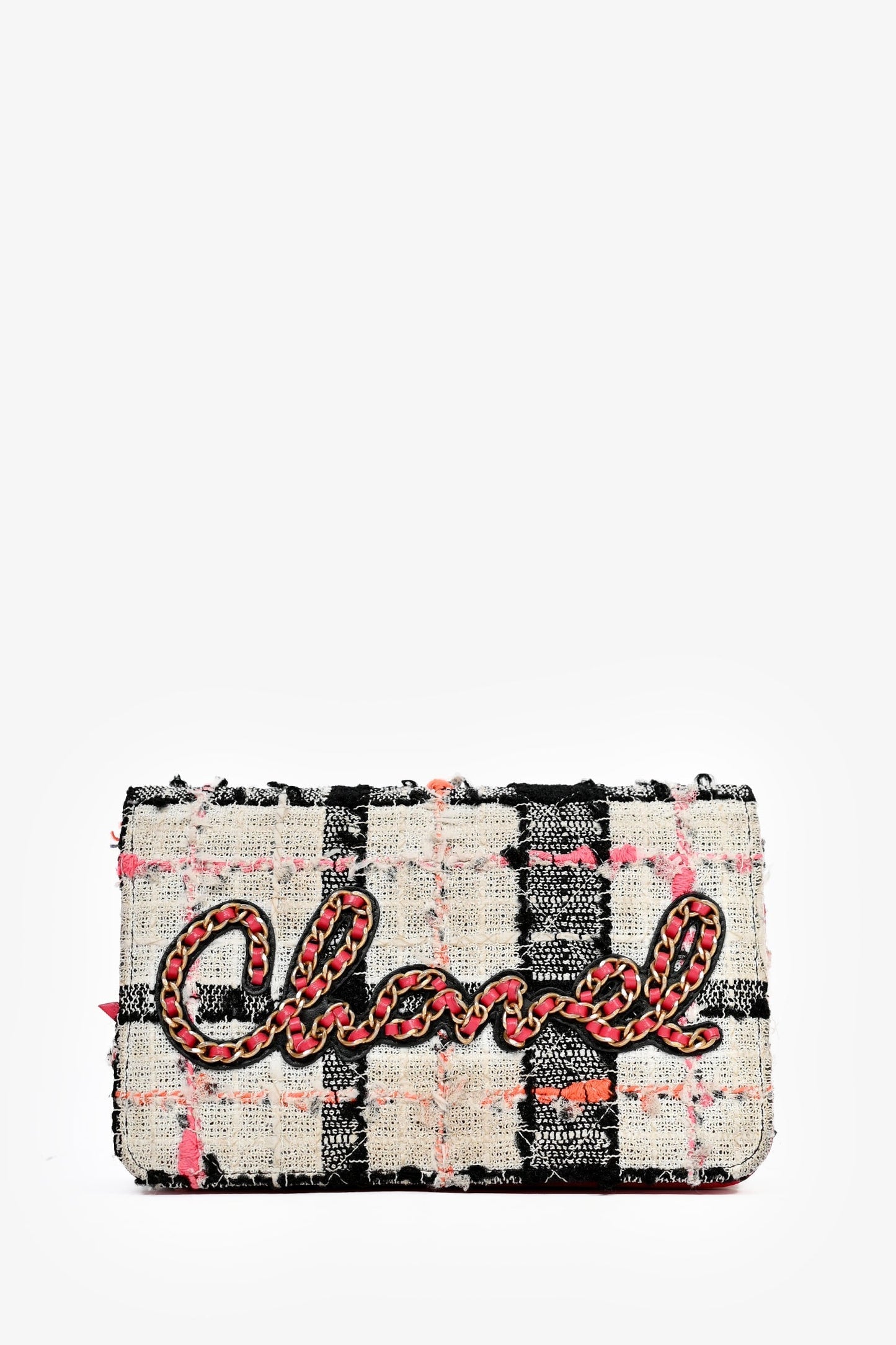 Chanel™ 2019 Pink/Black/Cream Tweed Wallet On Chain Crossbody