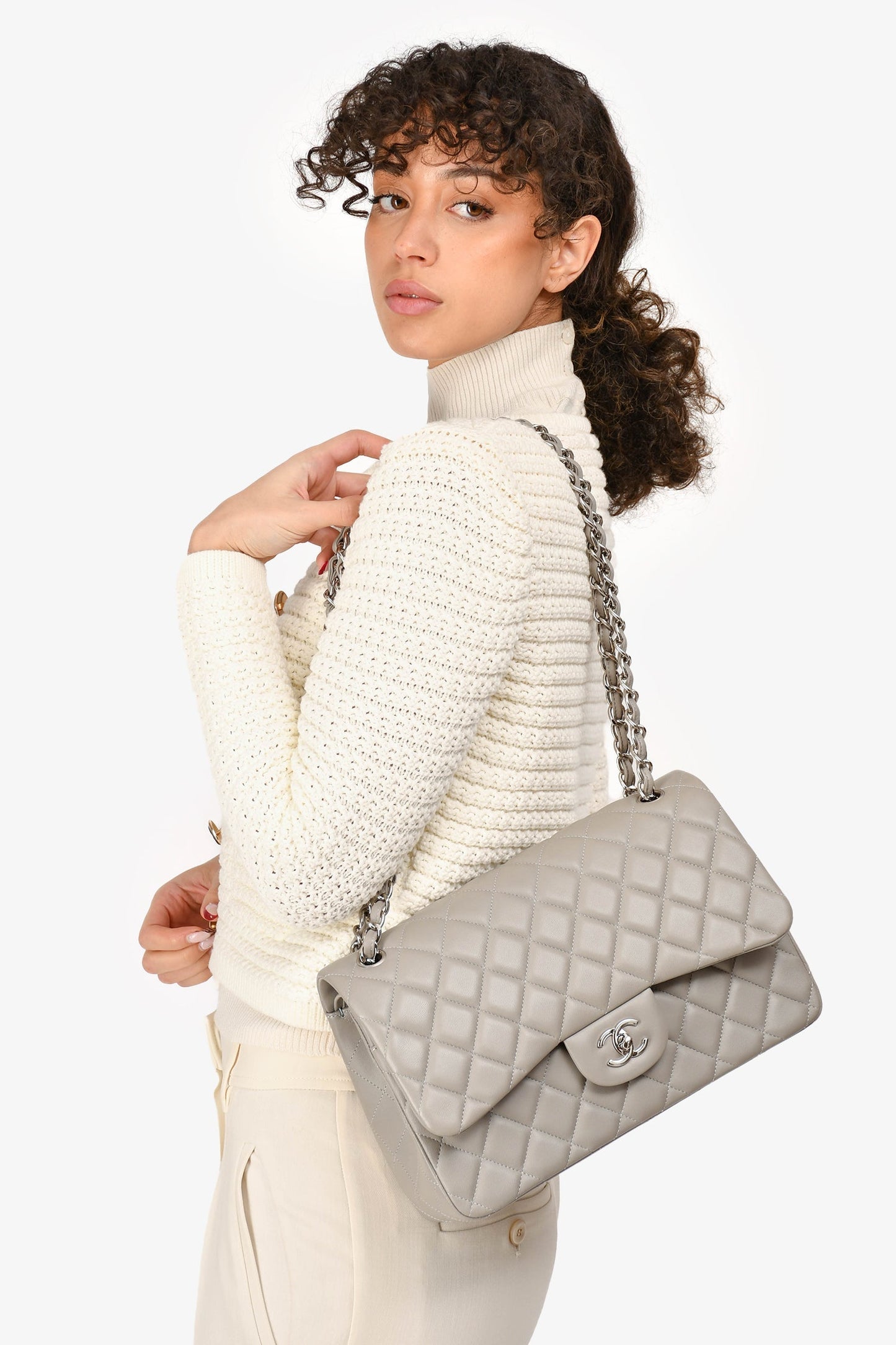 Chanel™ 2019/20 Grey Lambskin Leather Jumbo Double Flap Shoulder Bag