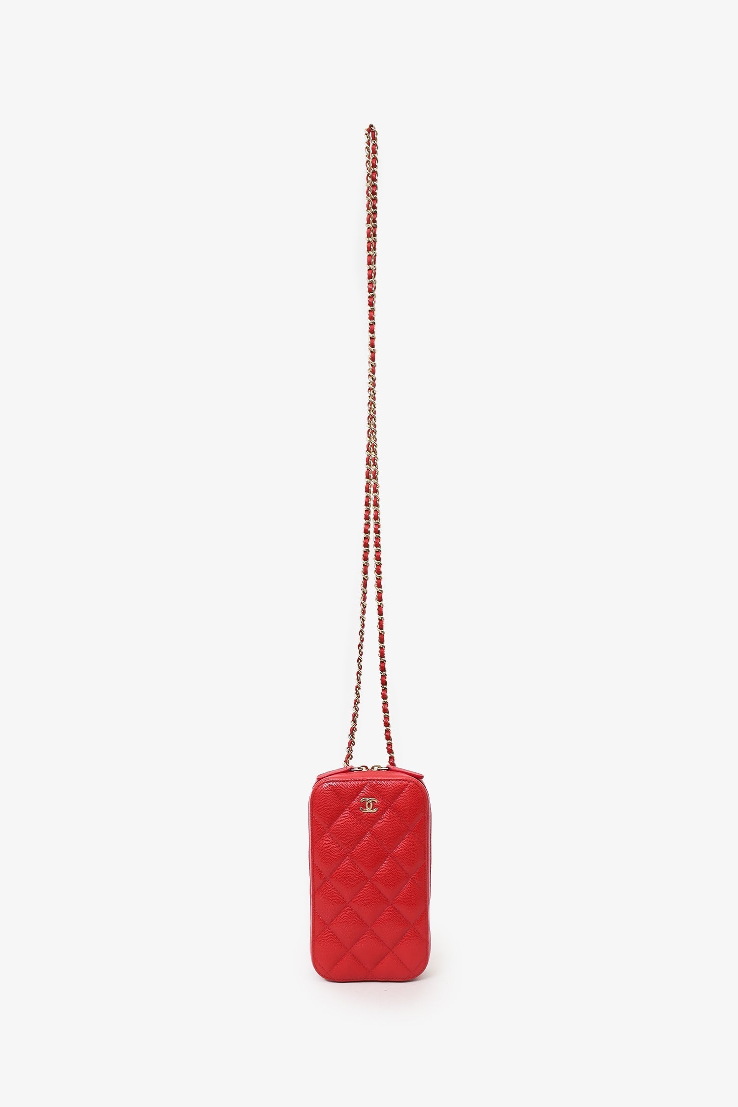 Chanel™ 2019 Red Caviar Vertical ZIP Around Phone Chain Bag