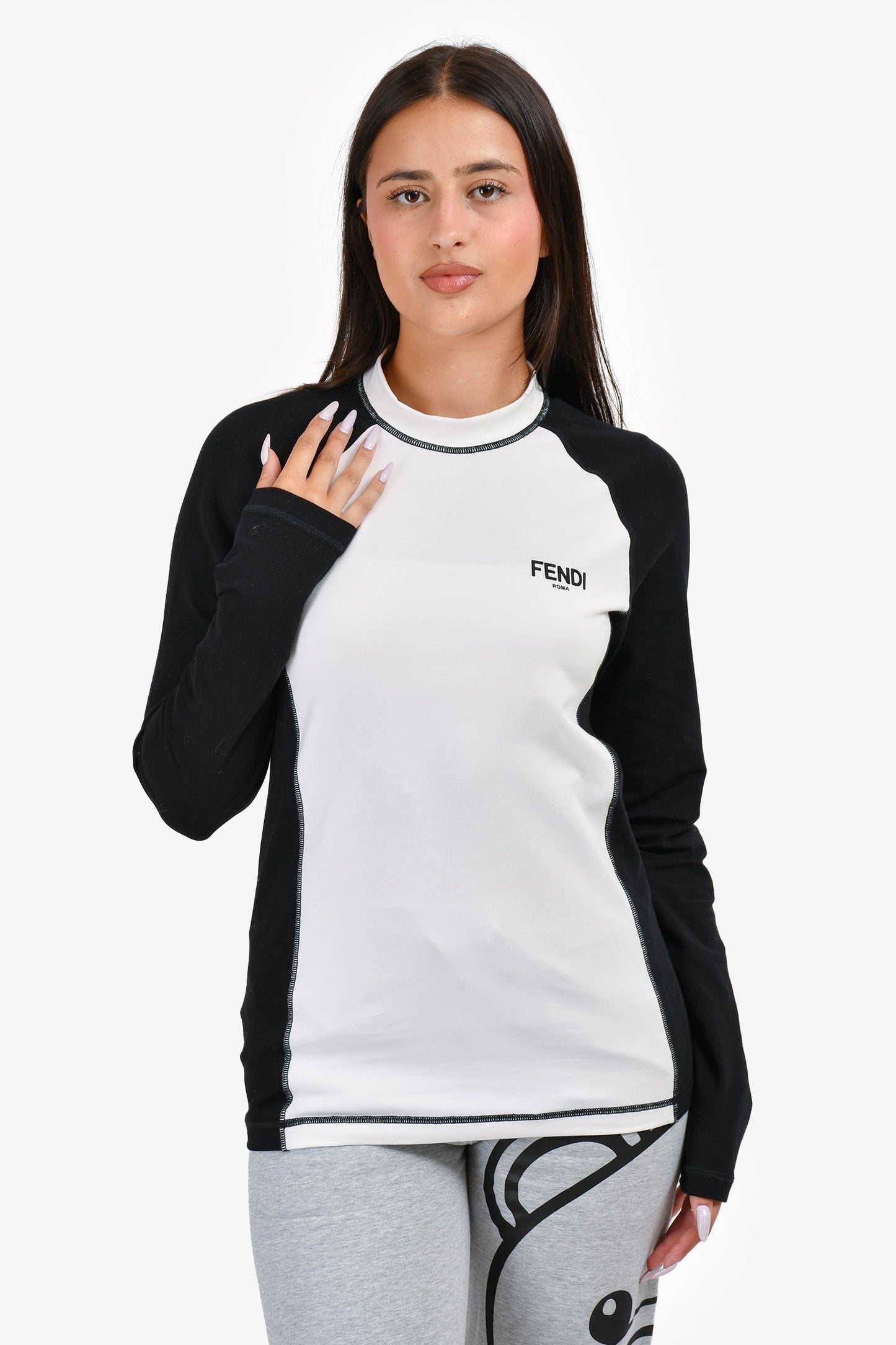 Fendi Black/White Logo Long Sleeve Top Size M