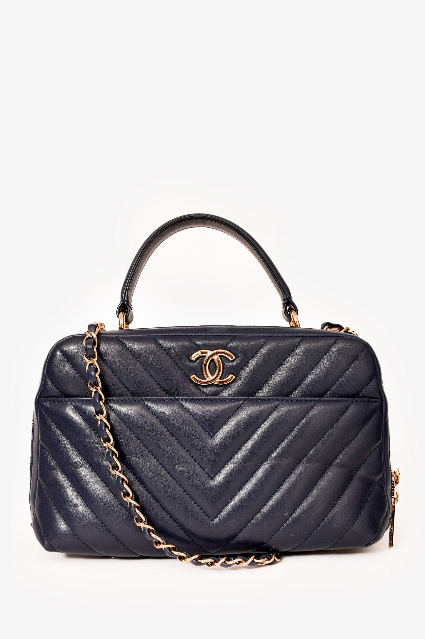 Chanel™ 2018 Navy Chevron Leather Medium Trendy Bowling Top Handle Handbag