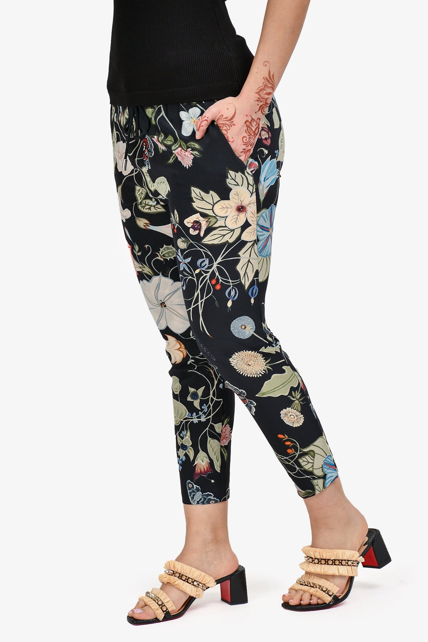 Gucci Black/Green Silk Floral Drawstring Tapered Pants Size 40