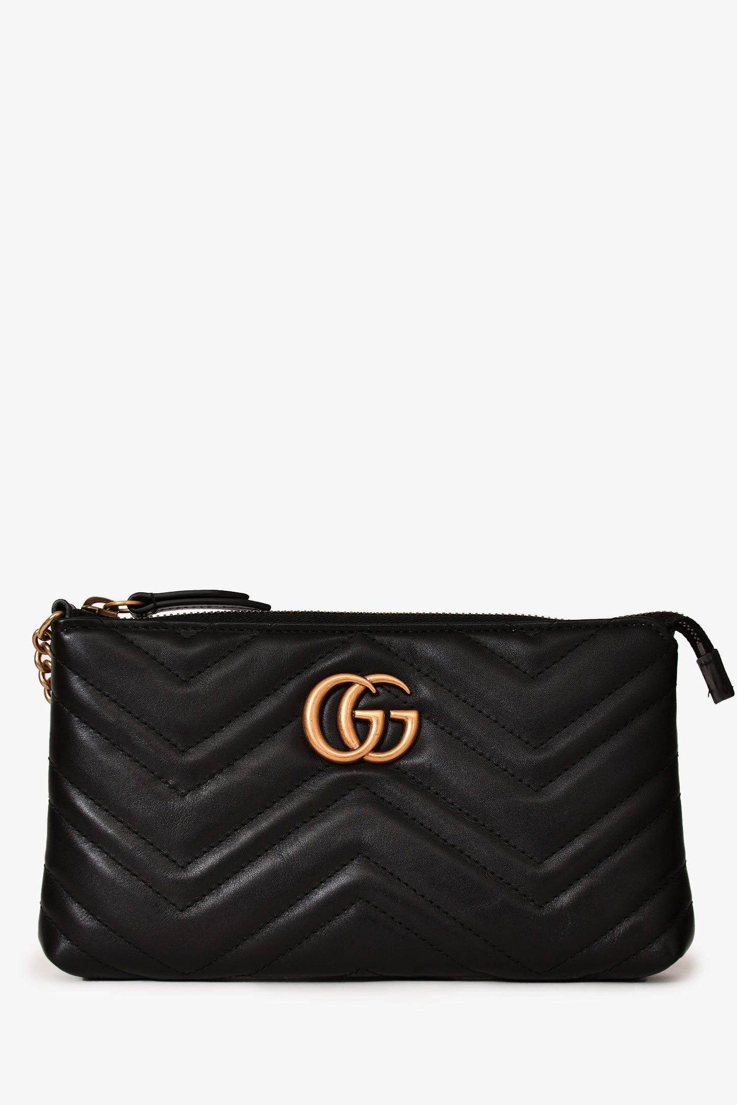 Gucci Black Diagonal Leather GG Marmont Zip Pouch with Chain