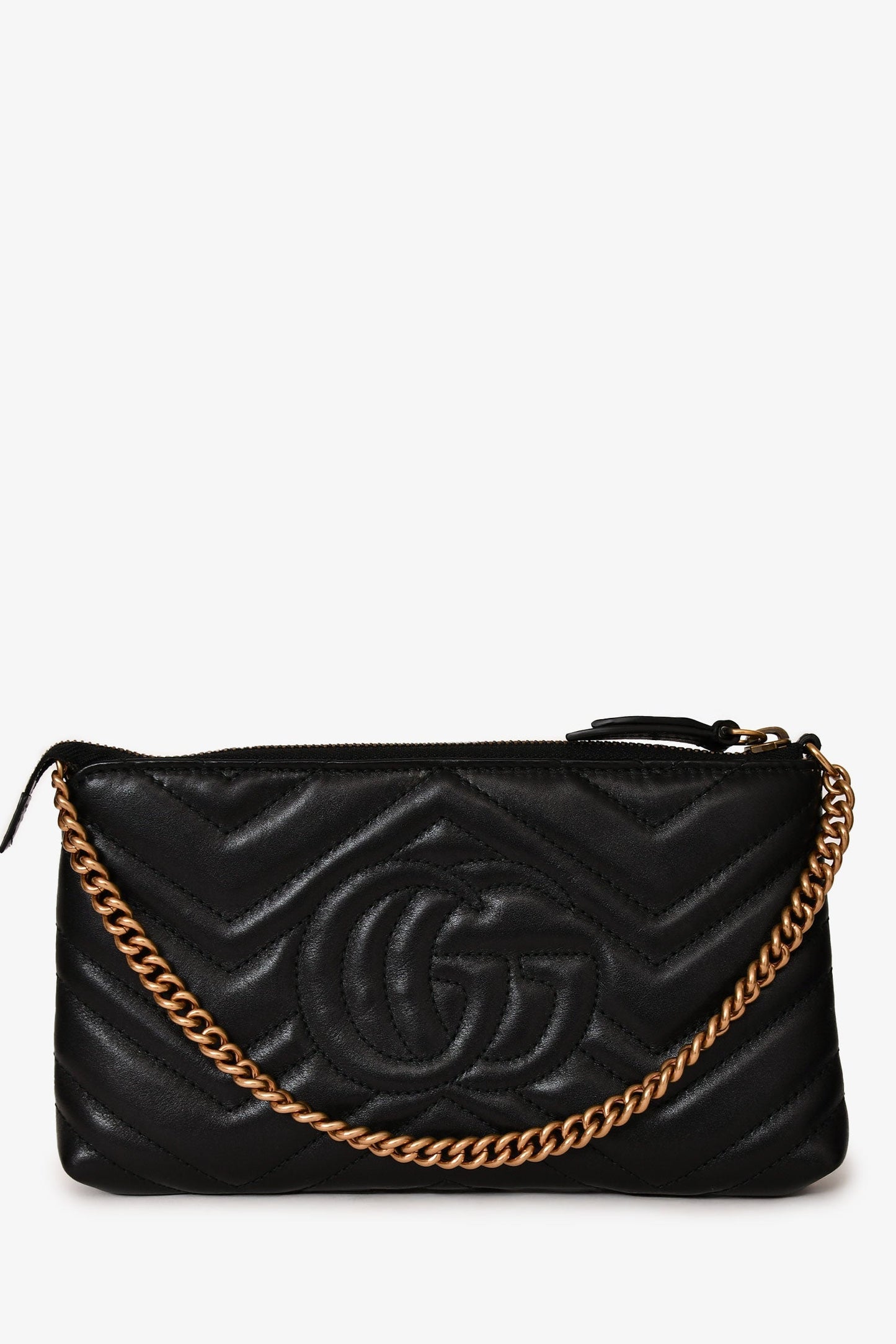 Gucci Black Diagonal Leather GG Marmont Zip Pouch with Chain