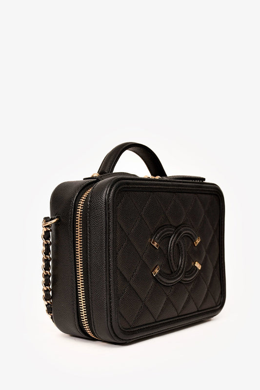 Chanel™ 2019-20 Black Caviar Leather Filigree Small Vanity Case Crossbody
