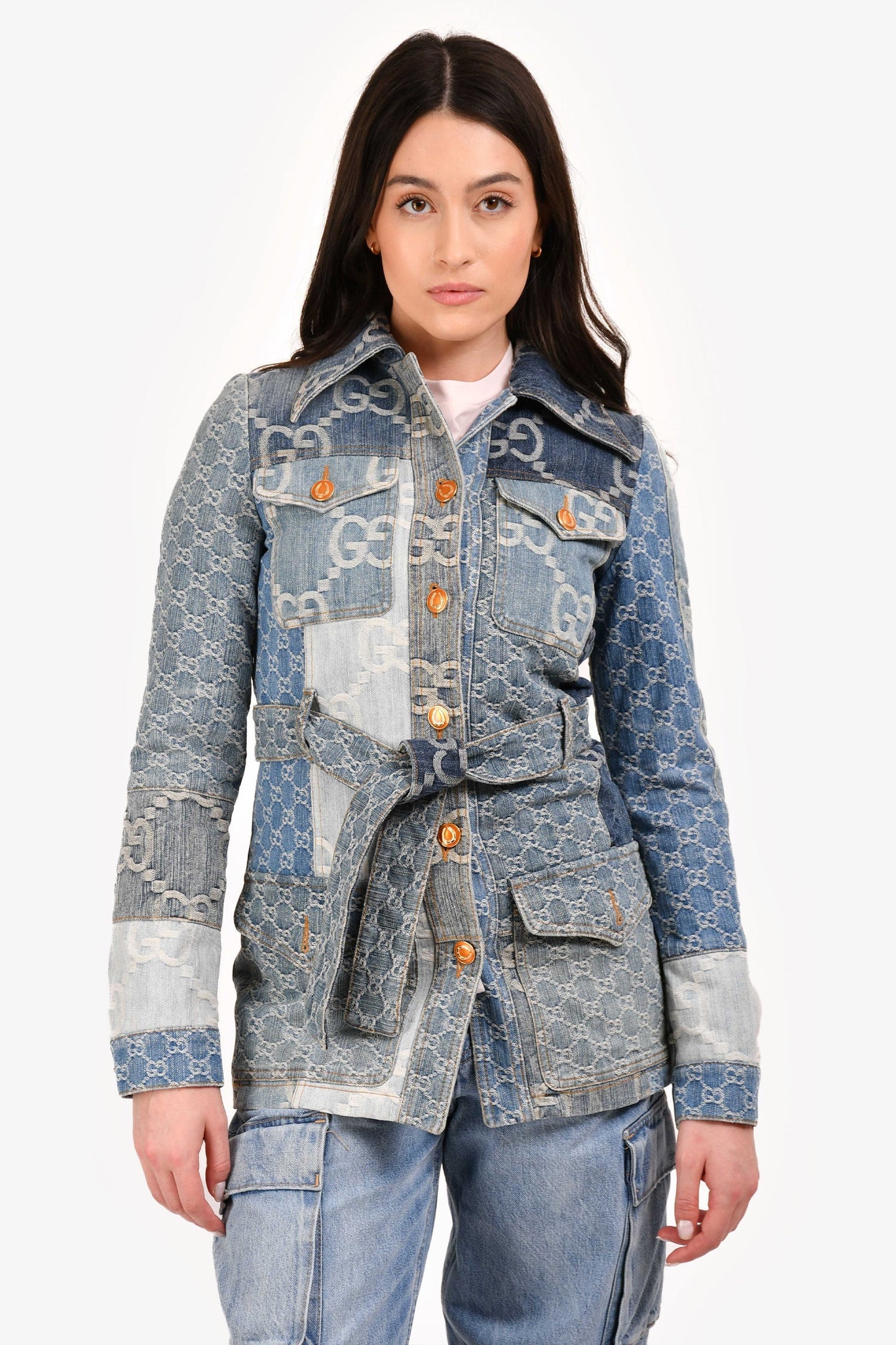 Gucci Blue GG Patchwork Denim Jacket with Waist Belt Size 36