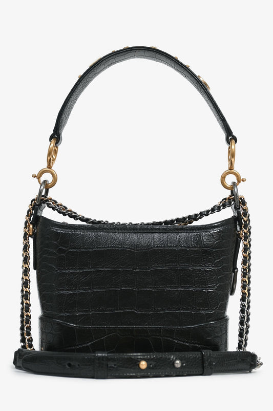 Chanel™ 2019-20 Black Croc Embossed Leather Medium Gabrielle Crossbody Bag with Logo Strap