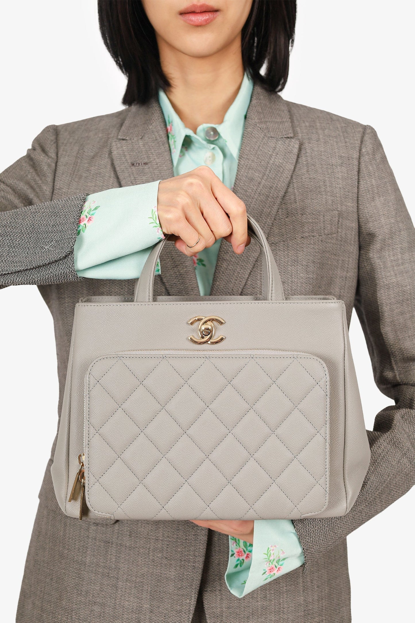 Chanel™ 2019 Grey Caviar Leather Quilted Small Business Affinity Shopping Tote