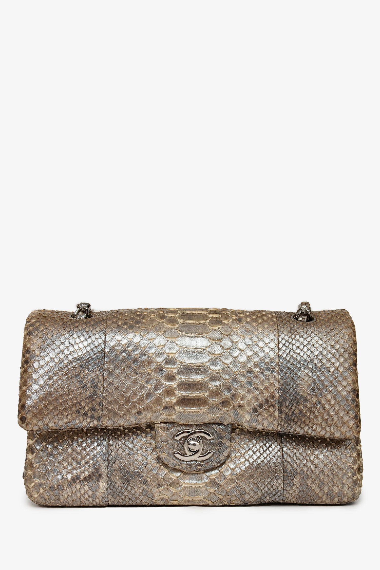 Chanel™ 2012 Silver Metallic Python Leather Classic Double Flap Shoulder Bag