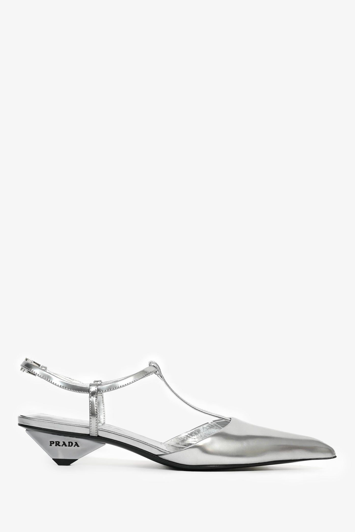 Prada Silver Leather Pointed Toe T-Strap Ballerina Pumps Size 35