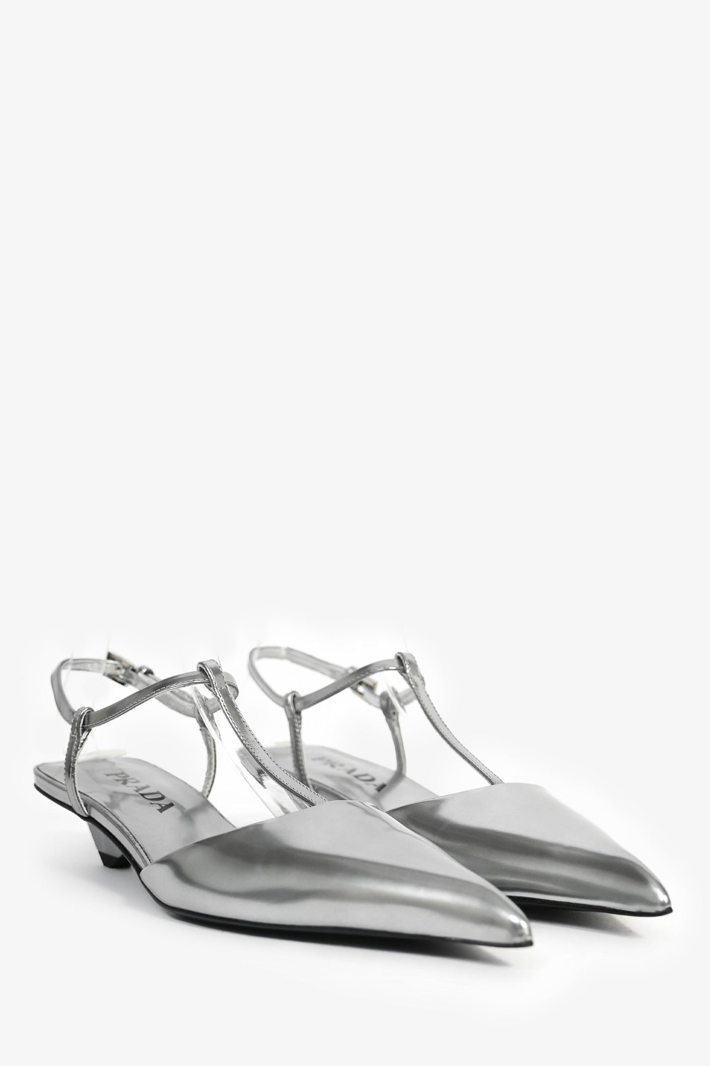 Prada Silver Leather Pointed Toe T-Strap Ballerina Pumps Size 35