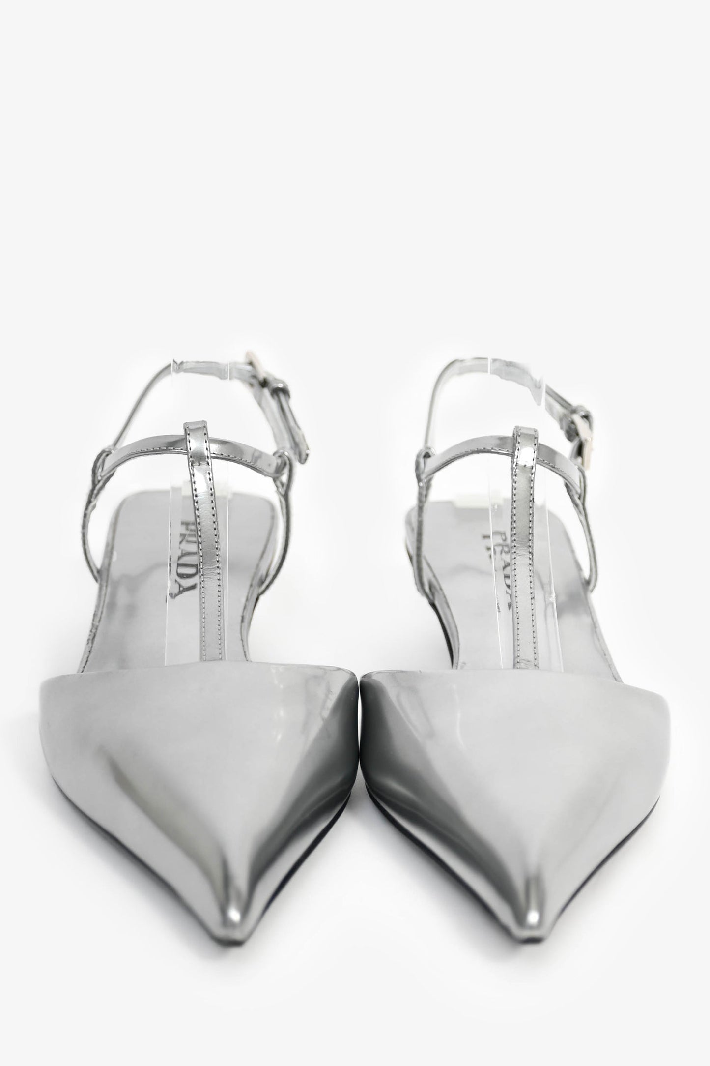 Prada Silver Leather Pointed Toe T-Strap Ballerina Pumps Size 35