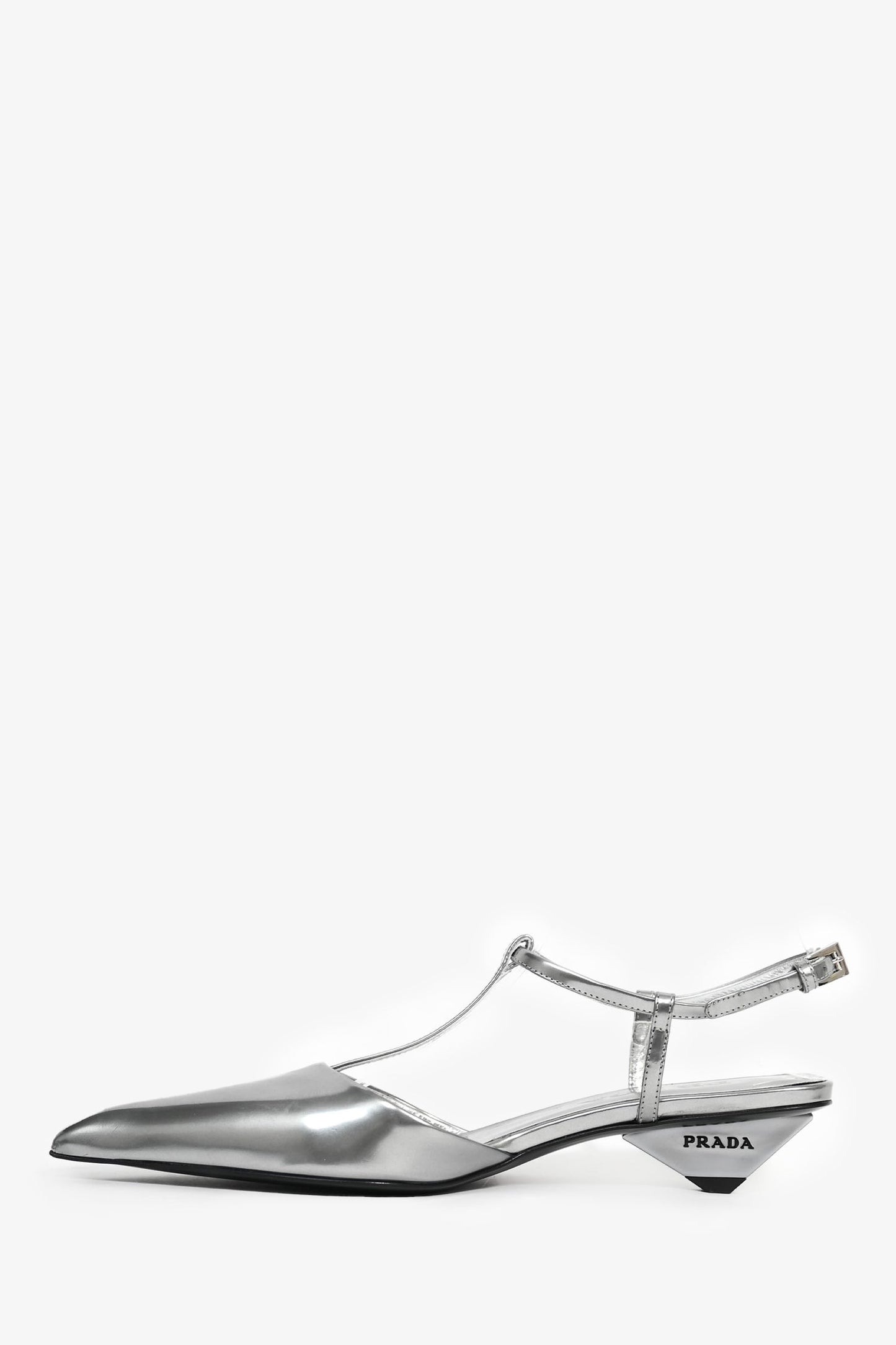 Prada Silver Leather Pointed Toe T-Strap Ballerina Pumps Size 35