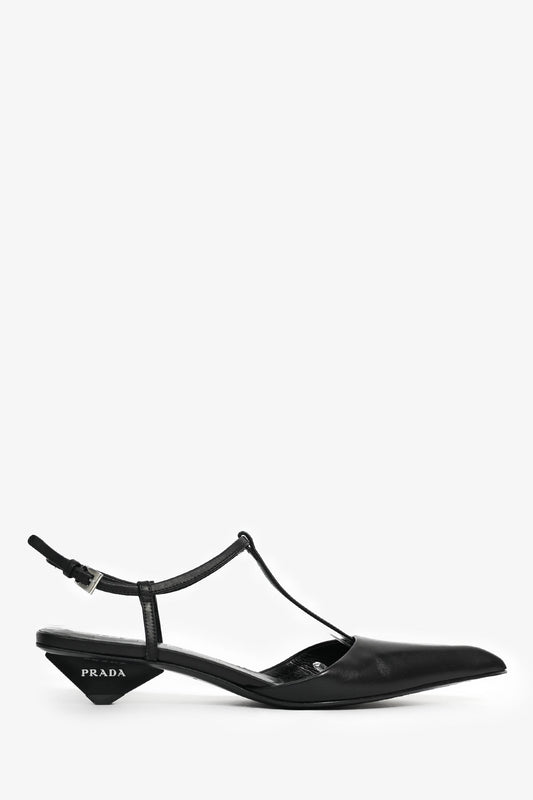 Prada Black Leather Pointed Toe T-Strap Ballerina Pumps Size 35.5