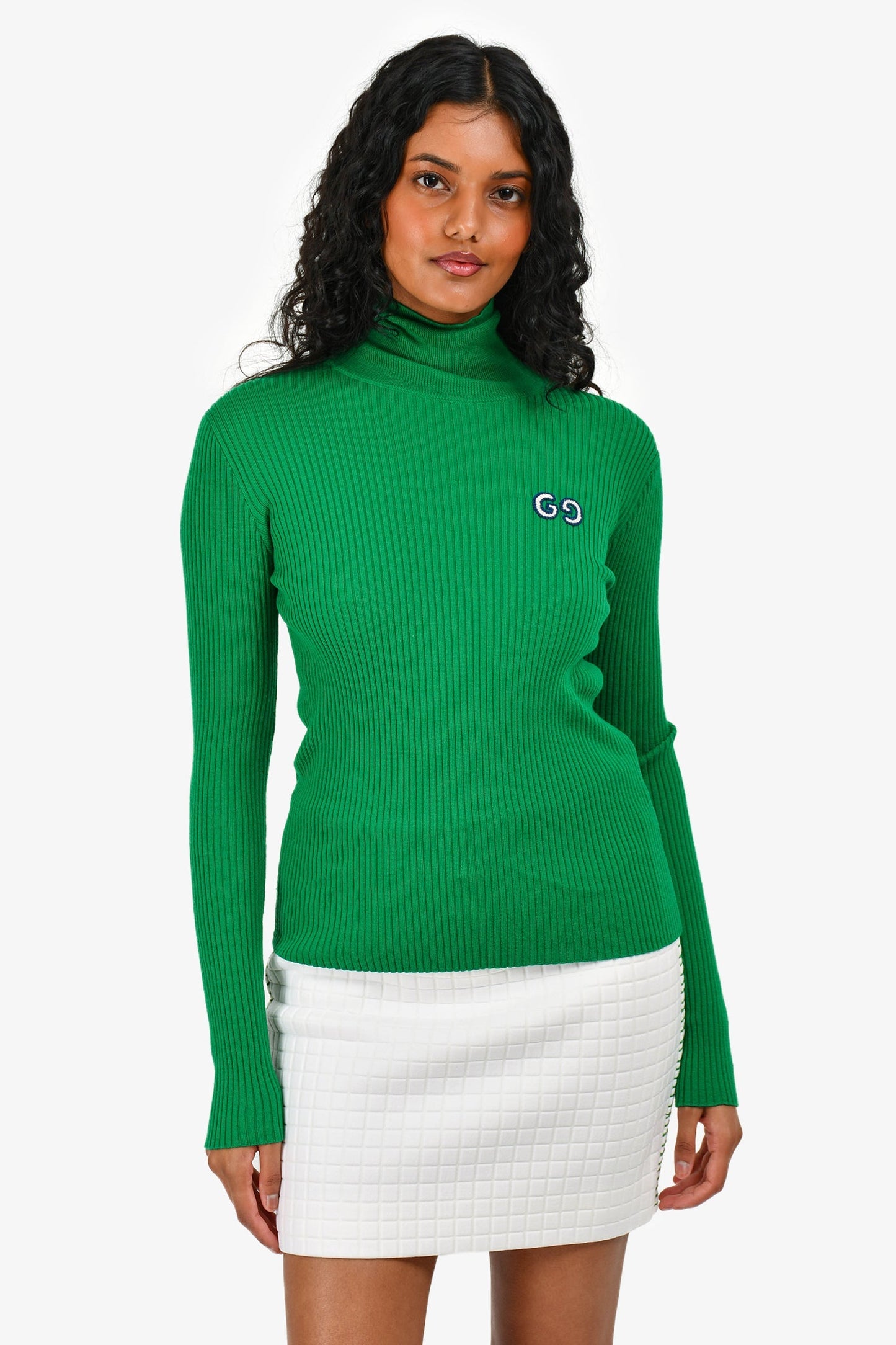 Gucci Green Ribbed Knit Logo Embroidered Turtle Neck Sweater Size 12