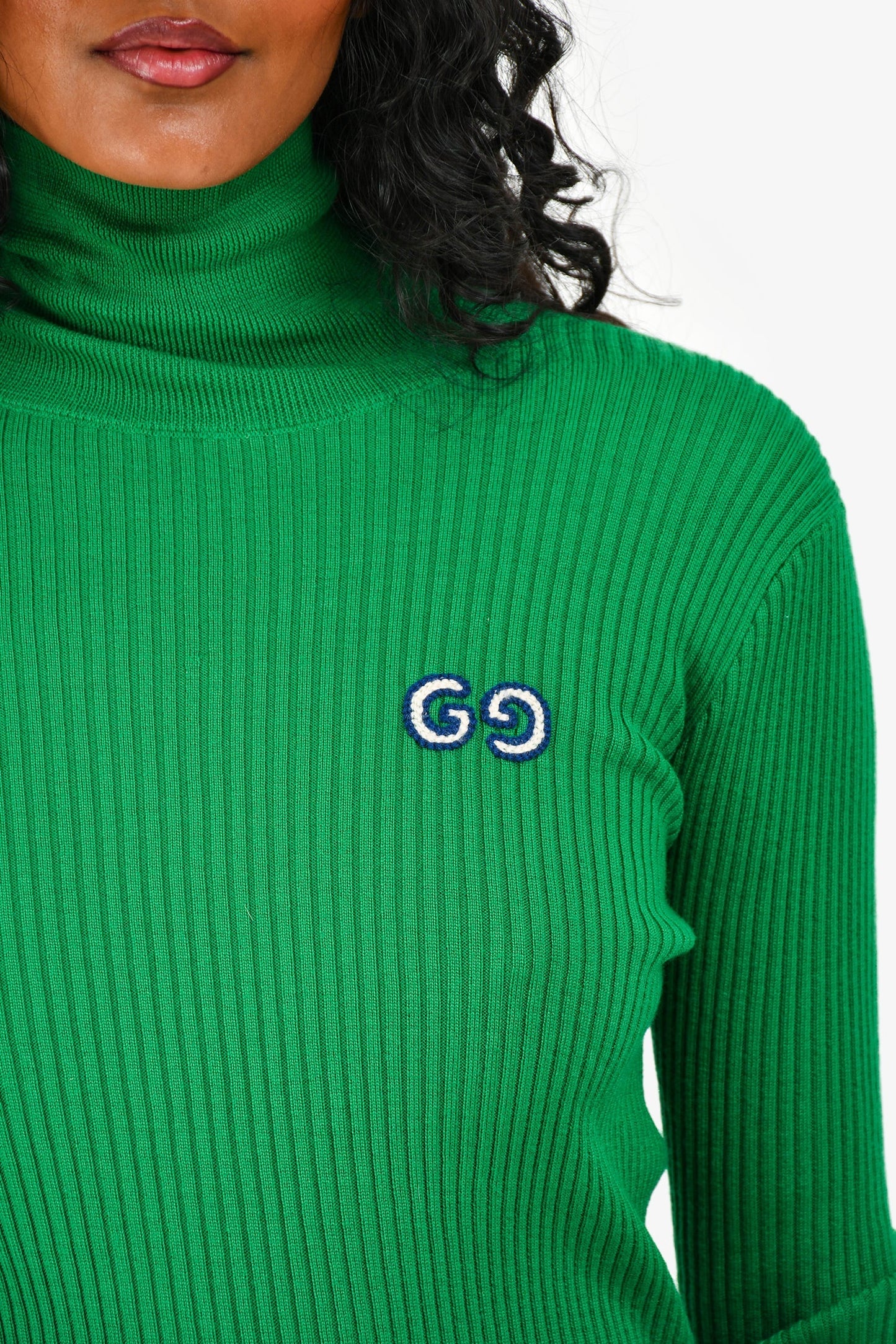 Gucci Green Ribbed Knit Logo Embroidered Turtle Neck Sweater Size 12