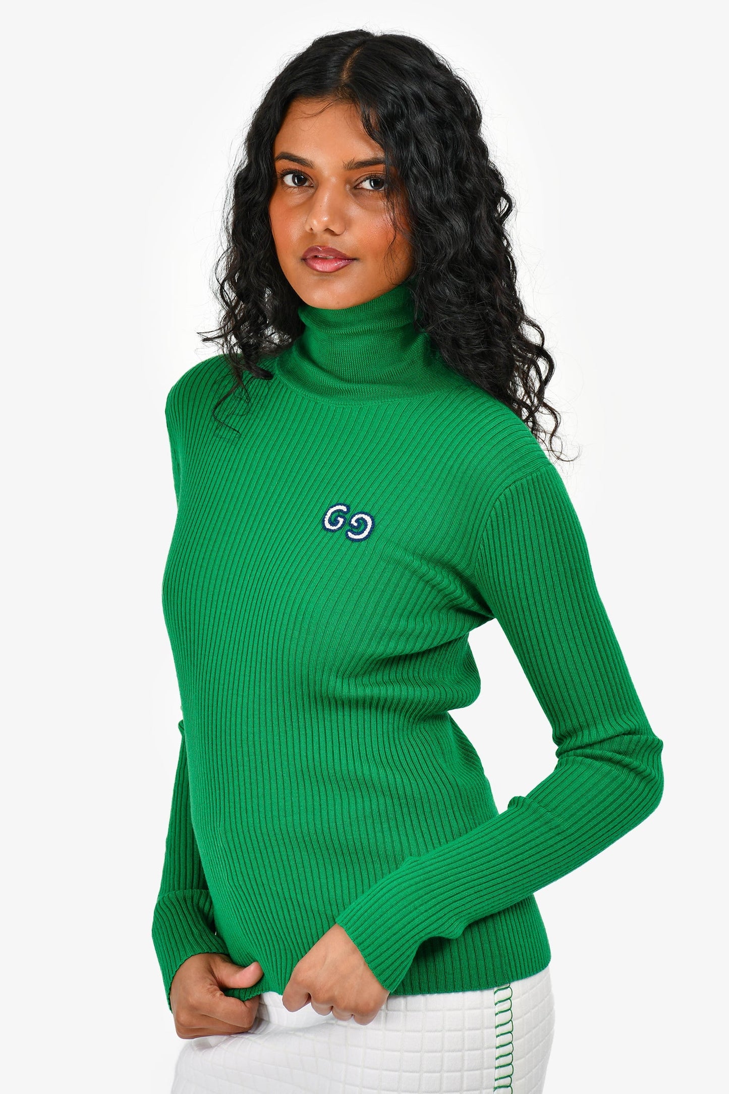 Gucci Green Ribbed Knit Logo Embroidered Turtle Neck Sweater Size 12