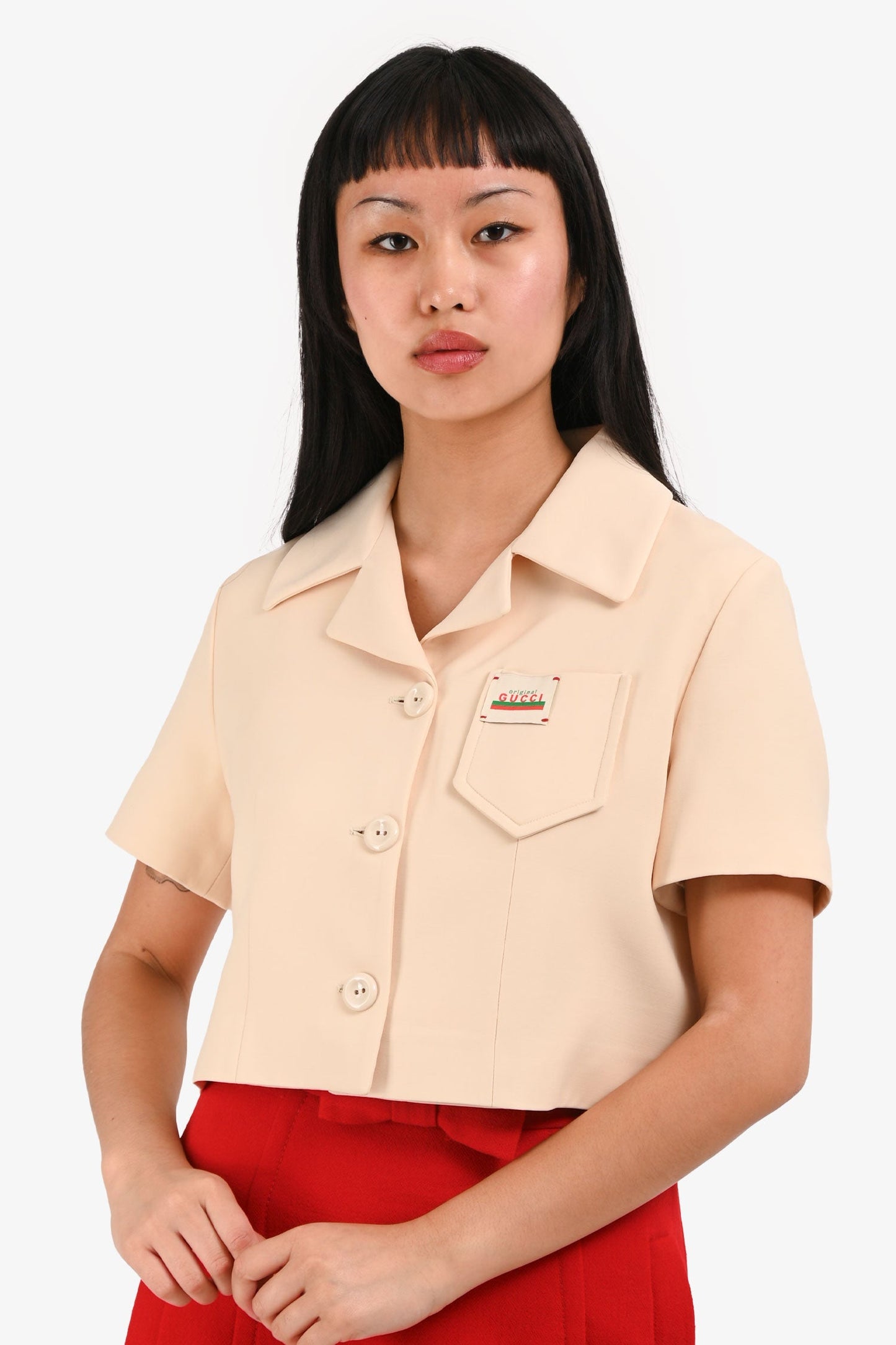 Gucci Cream Silk/Wool Logo Patch Cropped Boxy Jacket Size 36