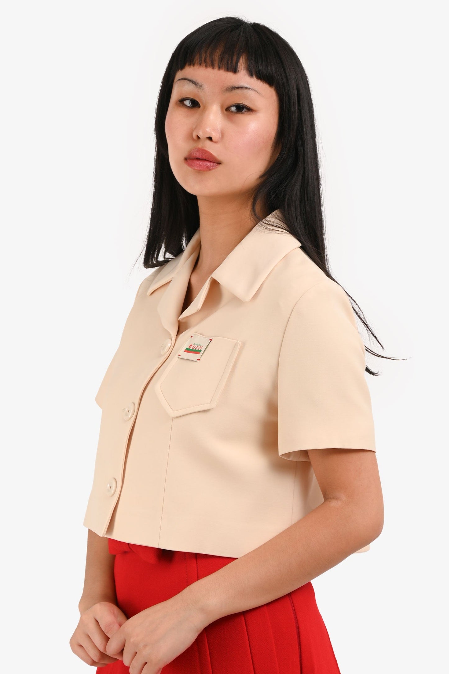 Gucci Cream Silk/Wool Logo Patch Cropped Boxy Jacket Size 36