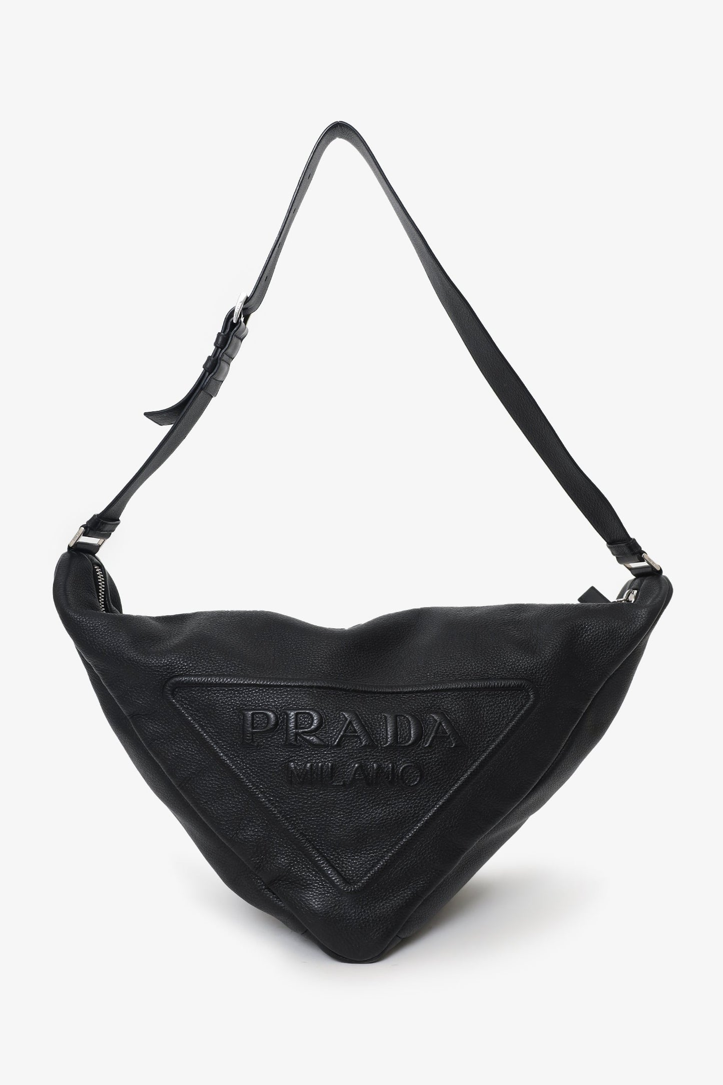 Prada Black Grained Leather Triangle Large Sling Crossbody