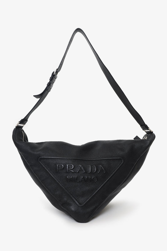 Prada Black Grained Leather Triangle Large Sling Crossbody