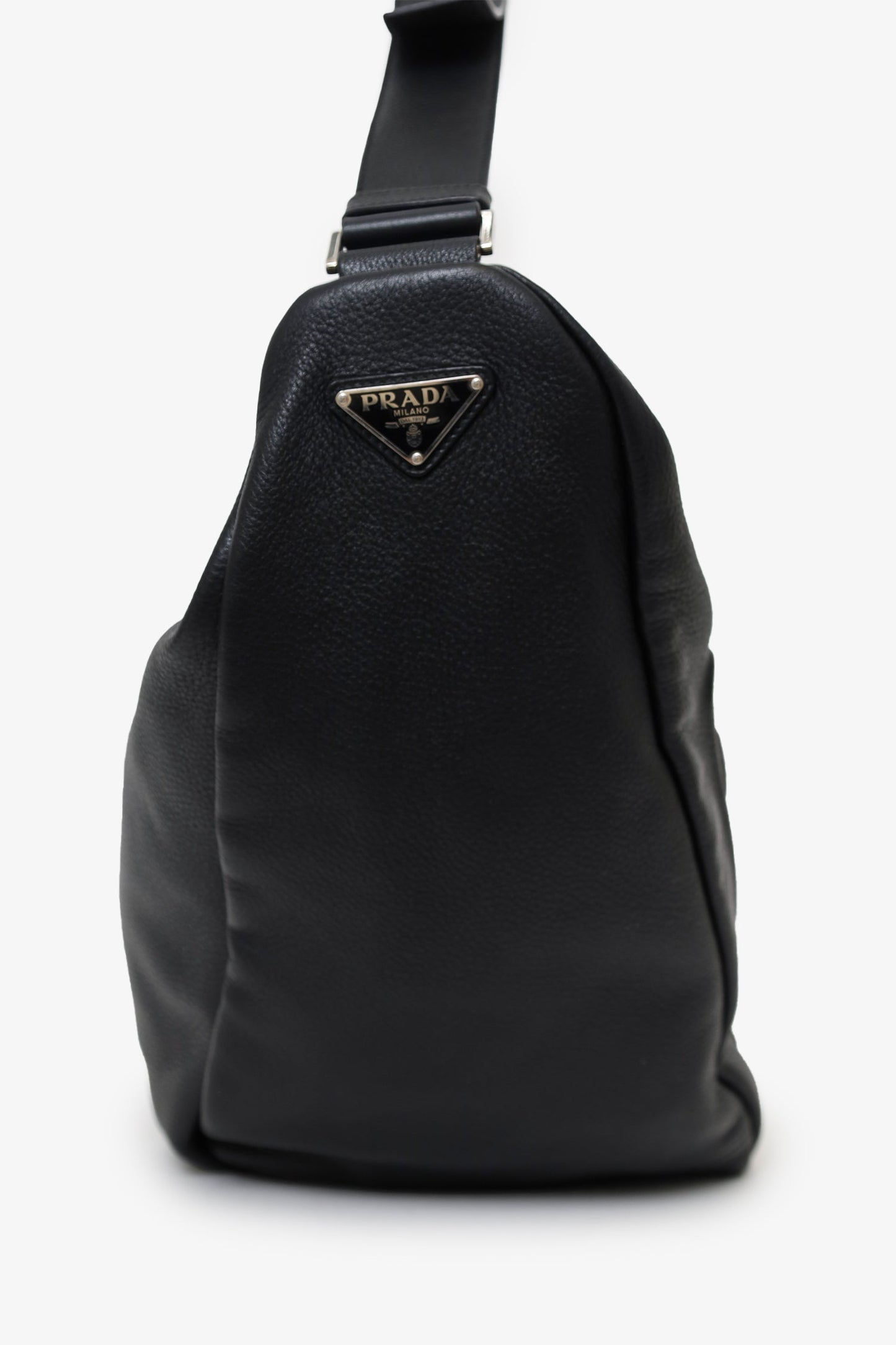 Prada Black Grained Leather Triangle Large Sling Crossbody