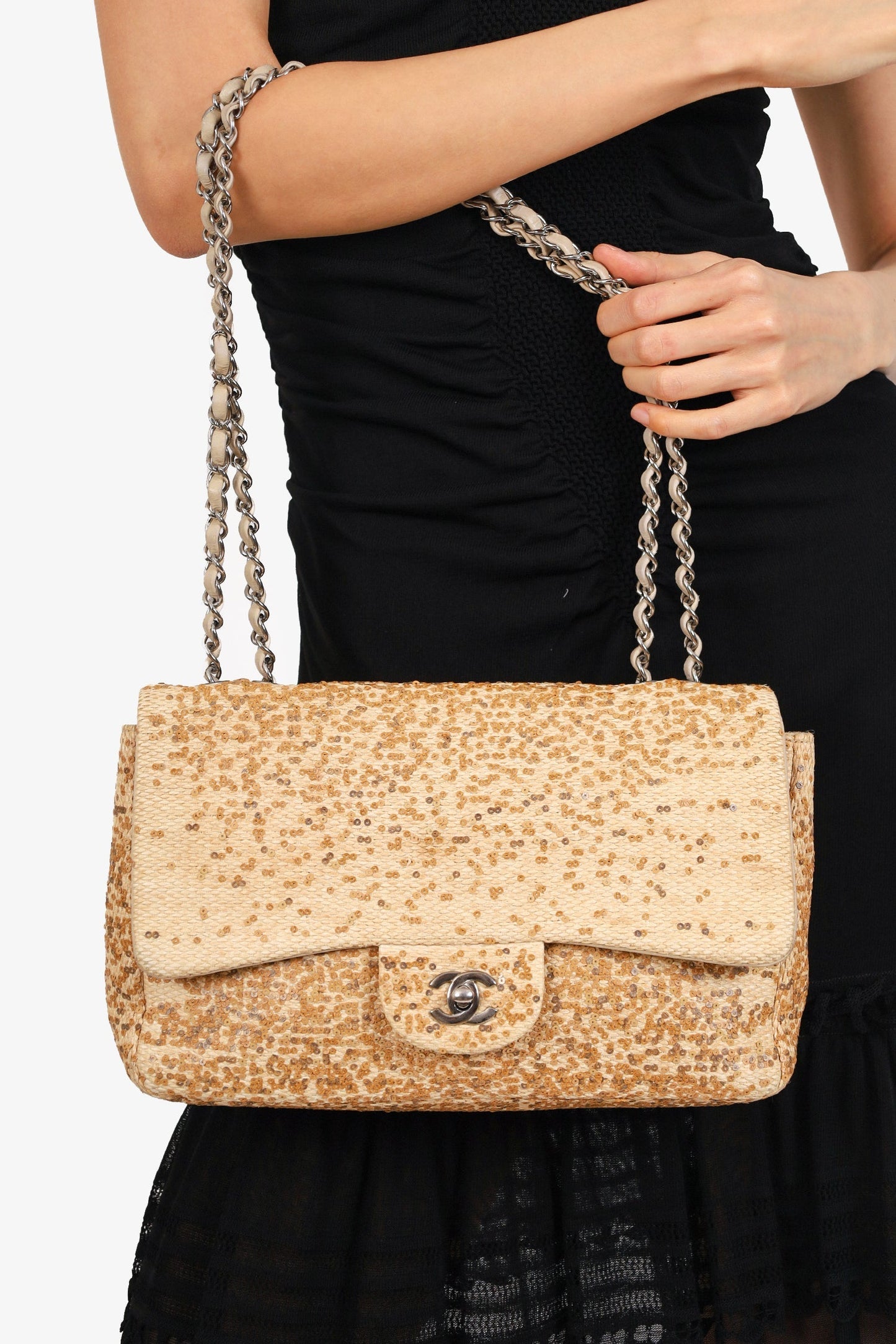 Chanel™ 2013-14 Beige Raffia Sequin Small Single Flap Bag