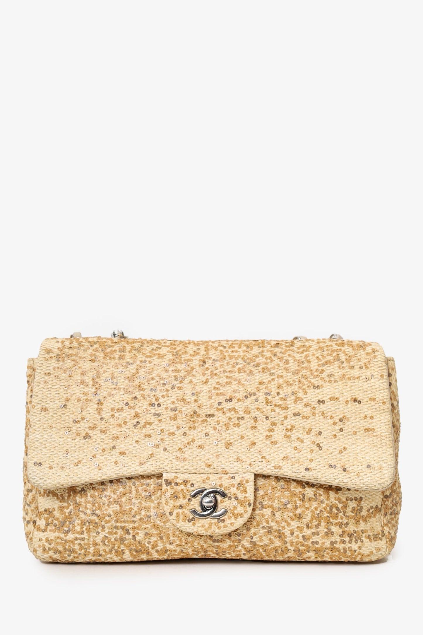 Chanel™ 2013-14 Beige Raffia Sequin Small Single Flap Bag