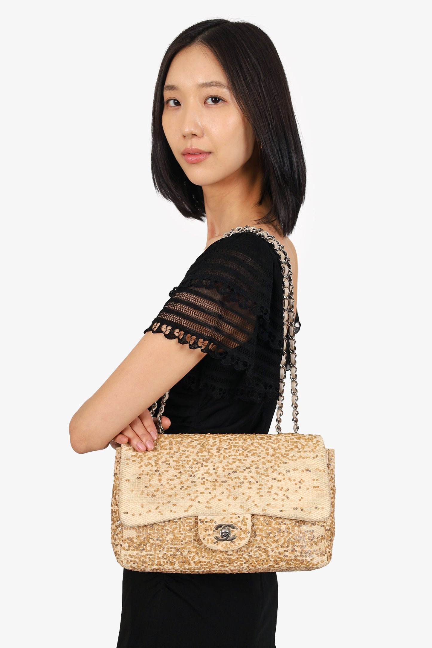 Chanel™ 2013-14 Beige Raffia Sequin Small Single Flap Bag