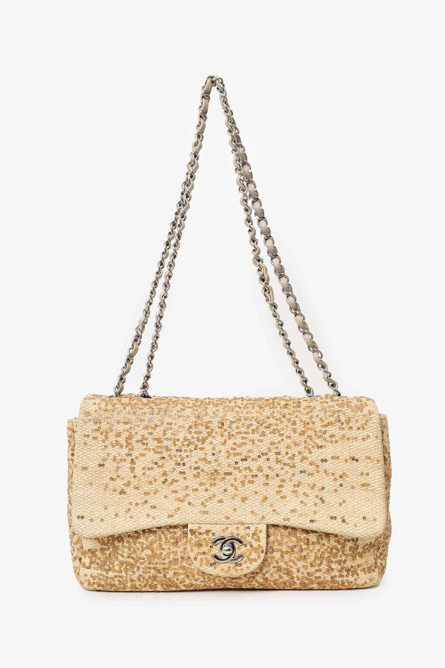 Chanel™ 2013-14 Beige Raffia Sequin Small Single Flap Bag