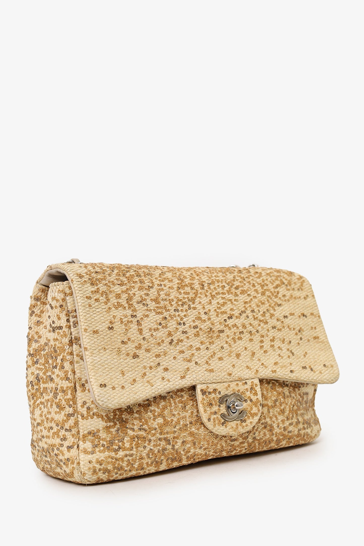 Chanel™ 2013-14 Beige Raffia Sequin Small Single Flap Bag