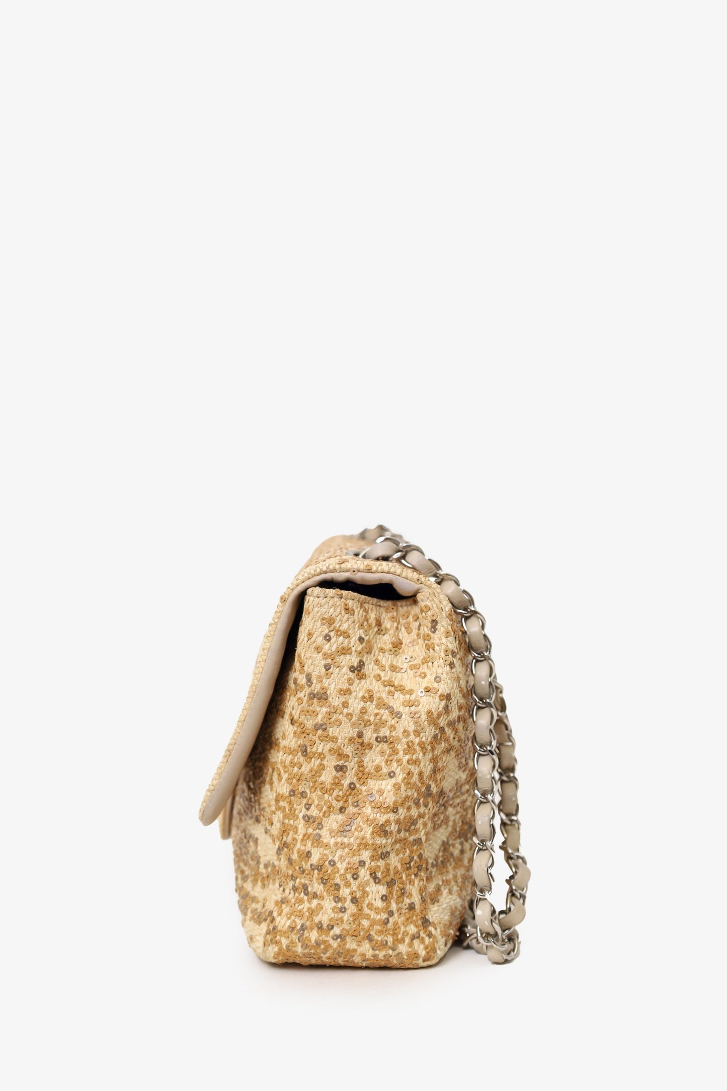 Chanel™ 2013-14 Beige Raffia Sequin Small Single Flap Bag