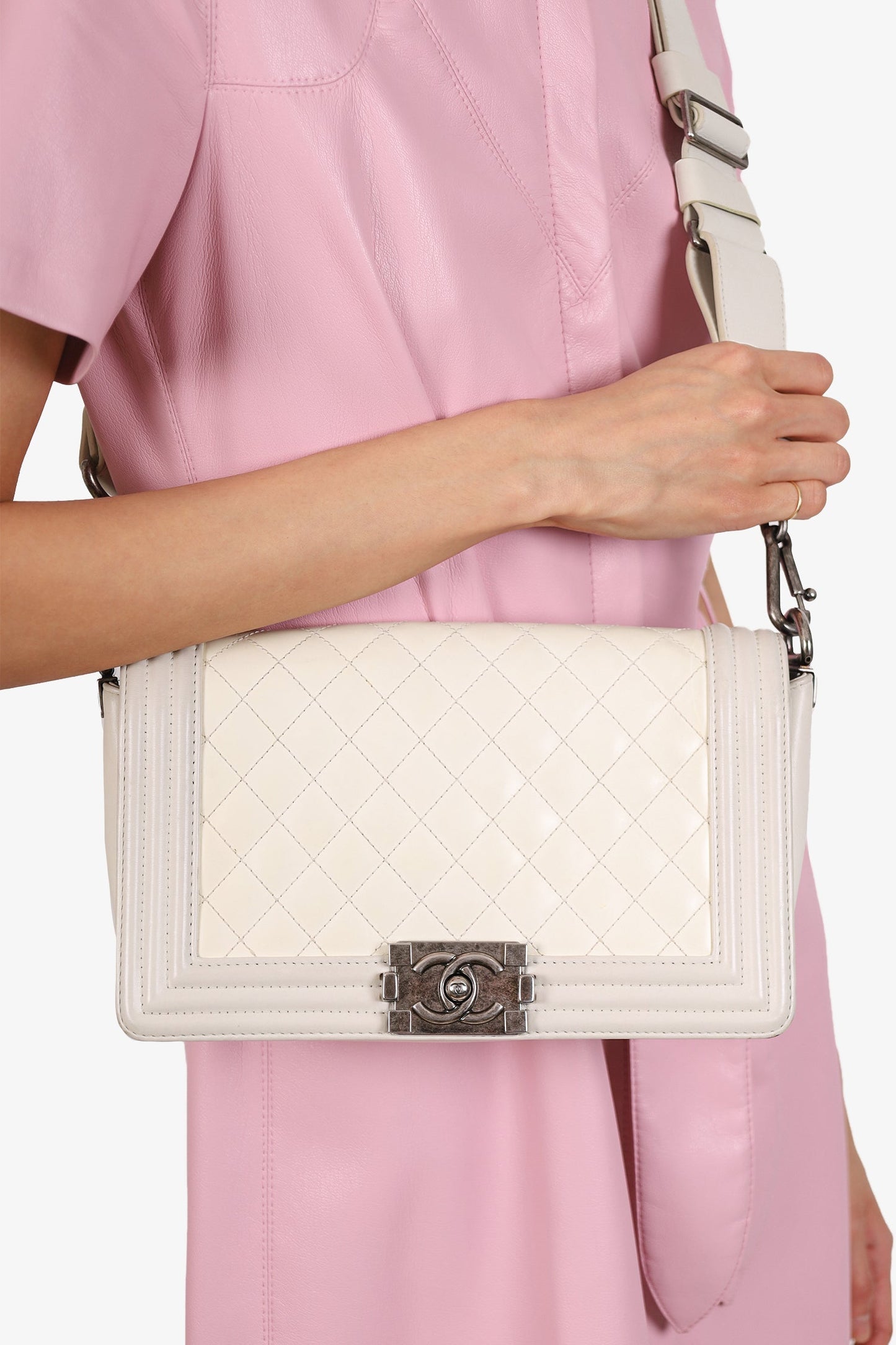 Chanel™ 2012 Limited Edition White Leather Medium Boy Bag with Metal Strap