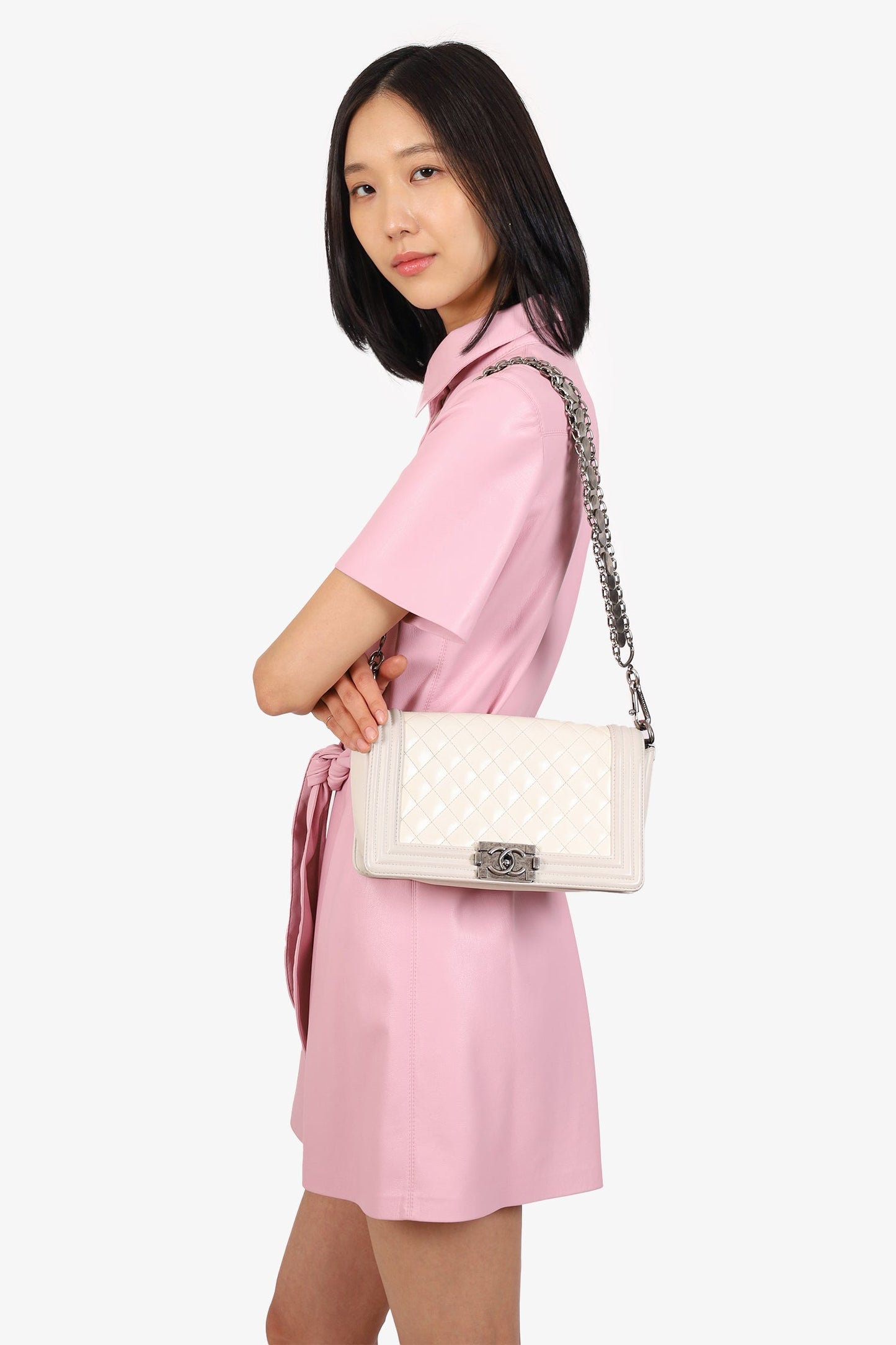 Chanel™ 2012 Limited Edition White Leather Medium Boy Bag with Metal Strap