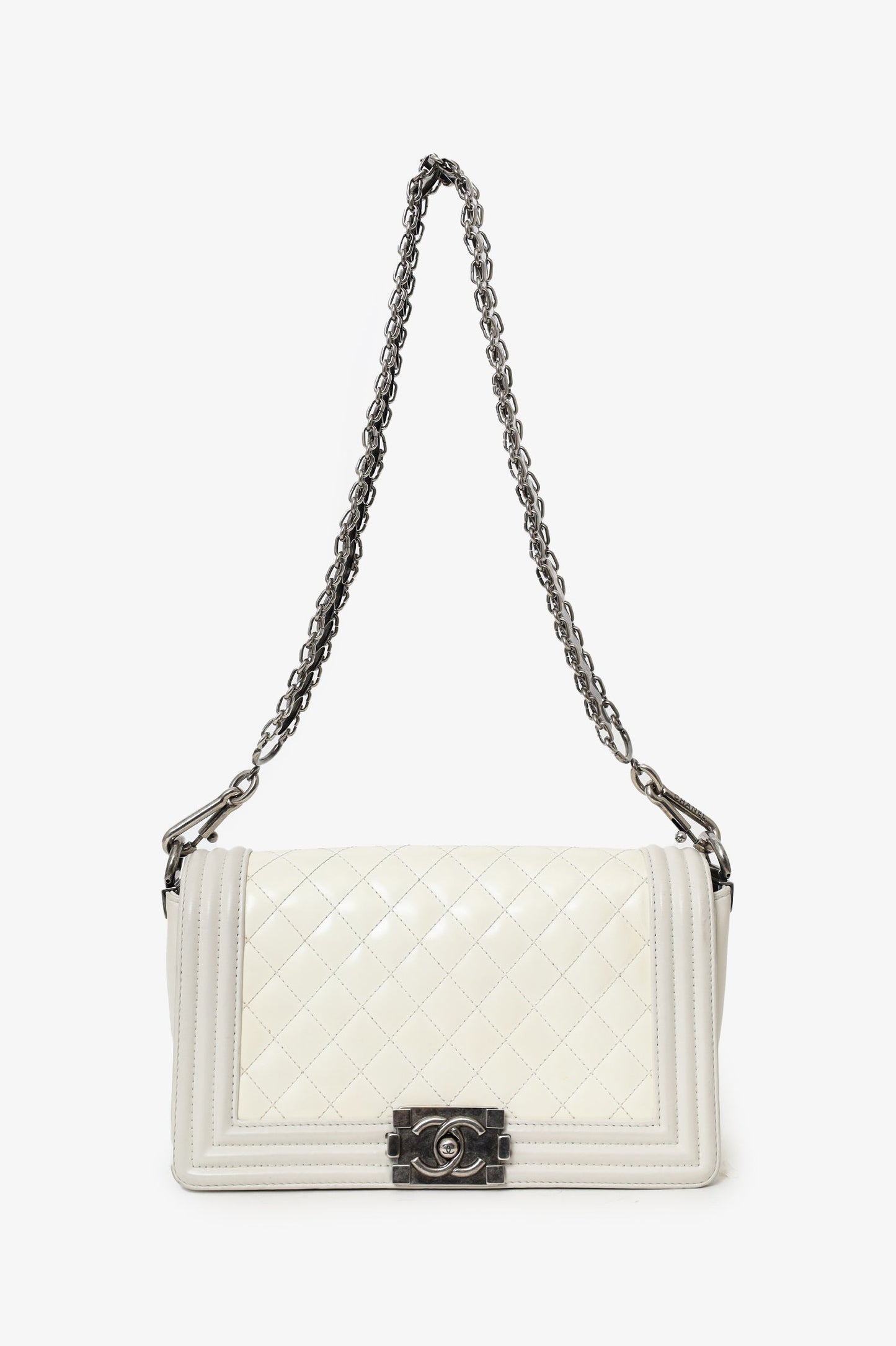 Chanel™ 2012 Limited Edition White Leather Medium Boy Bag with Metal Strap