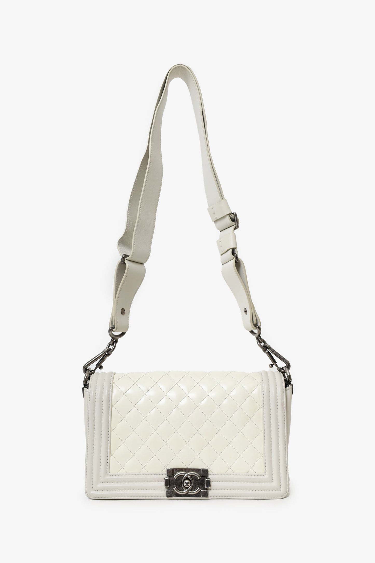 Chanel™ 2012 Limited Edition White Leather Medium Boy Bag with Metal Strap