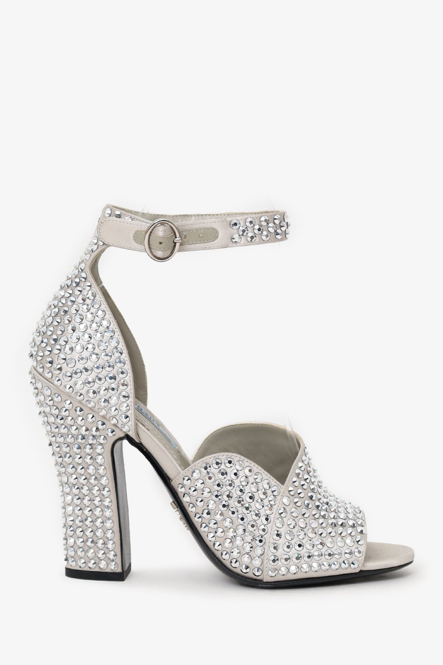Prada Metallic Silver Crystal Embellished Strappy Heeled Sandals Size 35.5