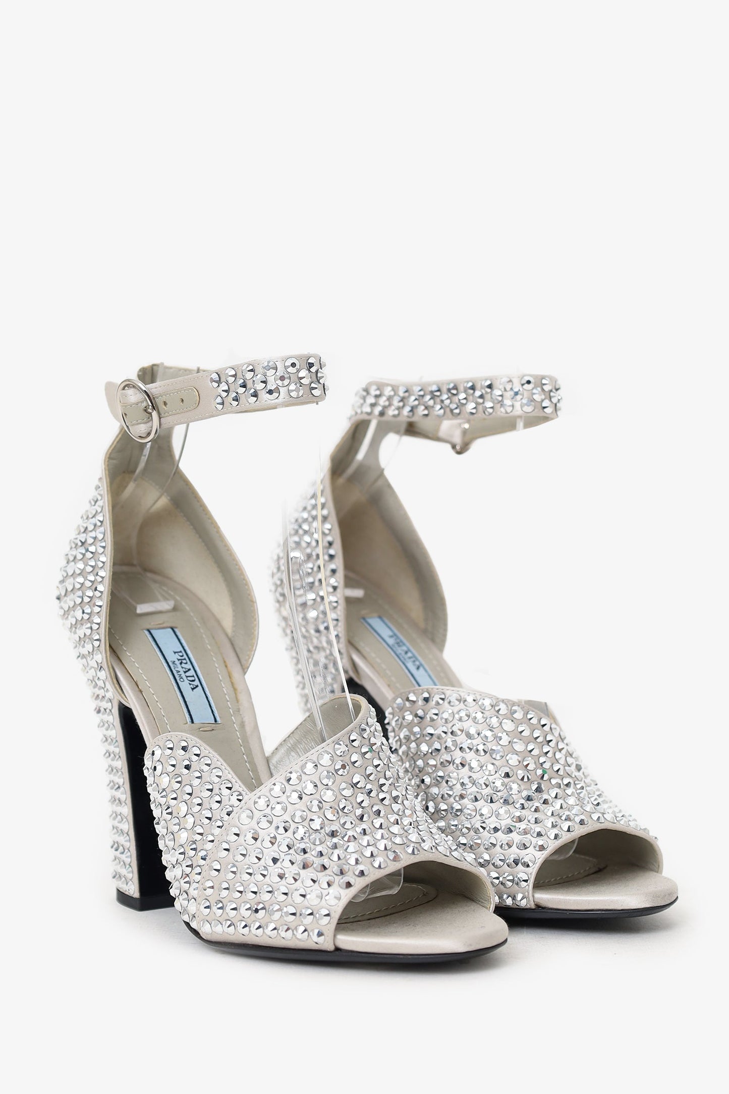 Prada Metallic Silver Crystal Embellished Strappy Heeled Sandals Size 35.5